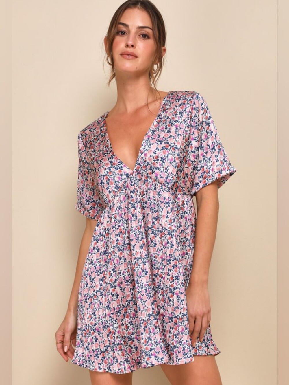 Lulu's Express Yourself Pink Floral Short Sleeve Women's Dress with Blue Accents